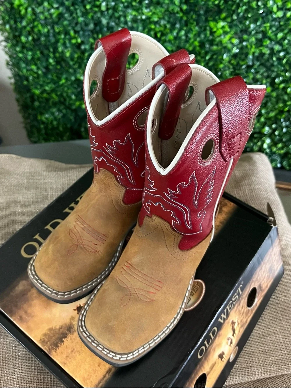 Old West Kids Tan and Red Western Pull-On Boots